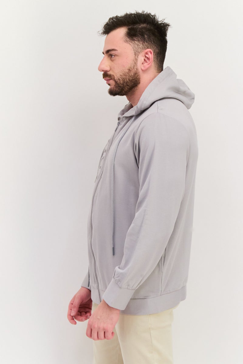 TRIBE OF 6 Men Embroidered Logo Long Sleeves Hooded Sweatshirt, Grey - Image 2