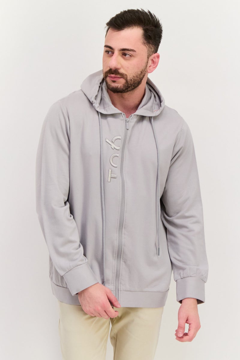 TRIBE OF 6 Men Embroidered Logo Long Sleeves Hooded Sweatshirt, Grey - Image 1