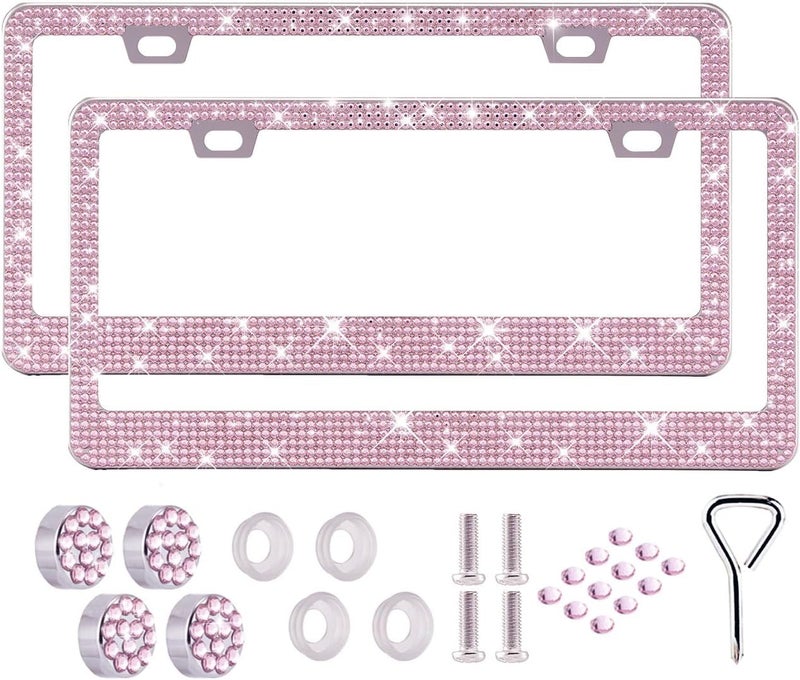 2 Pack Bling License Plate Frame for Women,Sparkly Rhinestone Stainless Steel License Plate Holder,Car Accessories with Glitter Crystal Caps (Pink)
