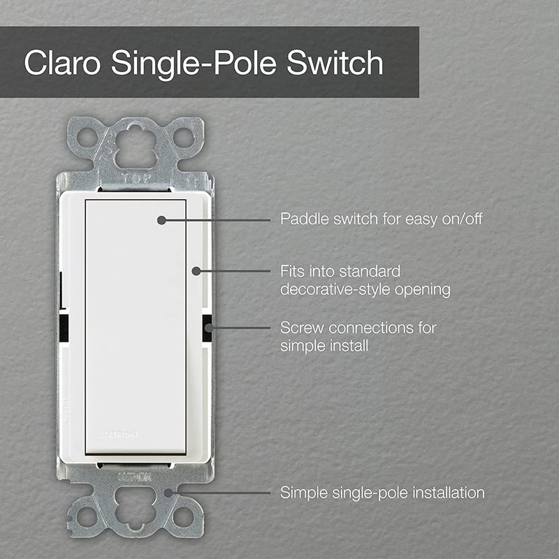 Lutron Claro 15 Amp Single-Pole Paddle Switch, CA-1PS-WH, White - Image 4
