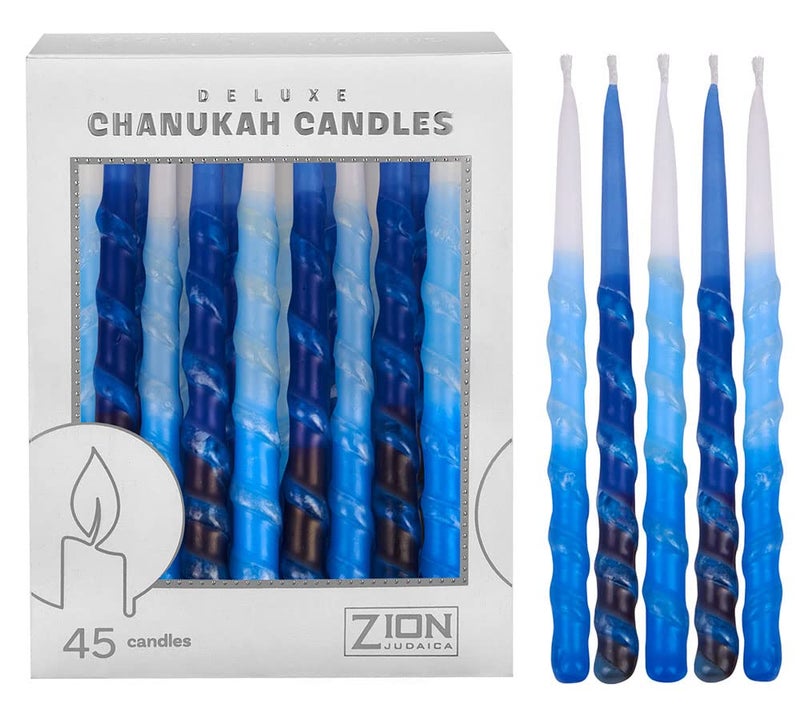 Zion Judaica Ltd مجموعة من 45 شمعة حانوكا بدون قطرات من زيون جودايكا المحدودة، شمعة لولبية تتضمن بطاقة صلاة دريدل يمكنك صنعها بنفسك، شموع حجم قياسي لمنازل حانوكا لثماني ليالٍ، تدرجات متعددة من الأزرق والأبيض.