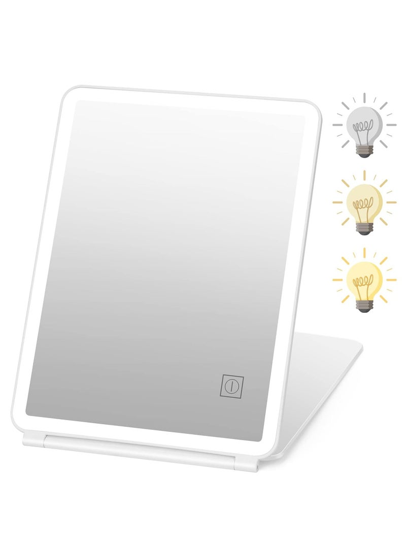 Captaintech Portable Travel Size Makeup Mirror, Foldable Compact HD Vanity Mirror 3 Color Adjustable Brightness LED Lighting, Handheld Dimmable Cosmetic Mirror, USB Rechargeable Touch Control, White - Image 1