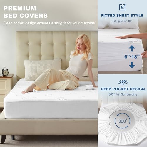 BEDLORE حامي مرتبة BEDLORE بحجم كوين مقاوم للماء، غطاء مرتبة ناعم مزود بجيب عميق 6"-18"، قابل للتنفس وبارد وصامت، وسادة مرتبة قابلة للغسل في الغسالة (أبيض) - Image 4
