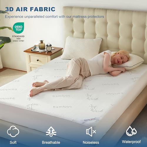 BEDLORE حامي مرتبة BEDLORE بحجم كوين مقاوم للماء، غطاء مرتبة ناعم مزود بجيب عميق 6"-18"، قابل للتنفس وبارد وصامت، وسادة مرتبة قابلة للغسل في الغسالة (أبيض) - Image 3