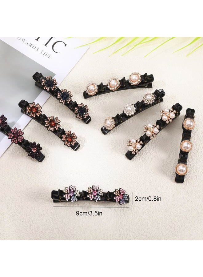 Sploziia Braided Hair Clips for Women, Sparkling Crystal Stone Pearl Barrette, 8PCS Rhinestone Decorative Barrette Clips with 3 Small Flower Hair Accessories for Women, Girls Styling Sectioning - Image 2