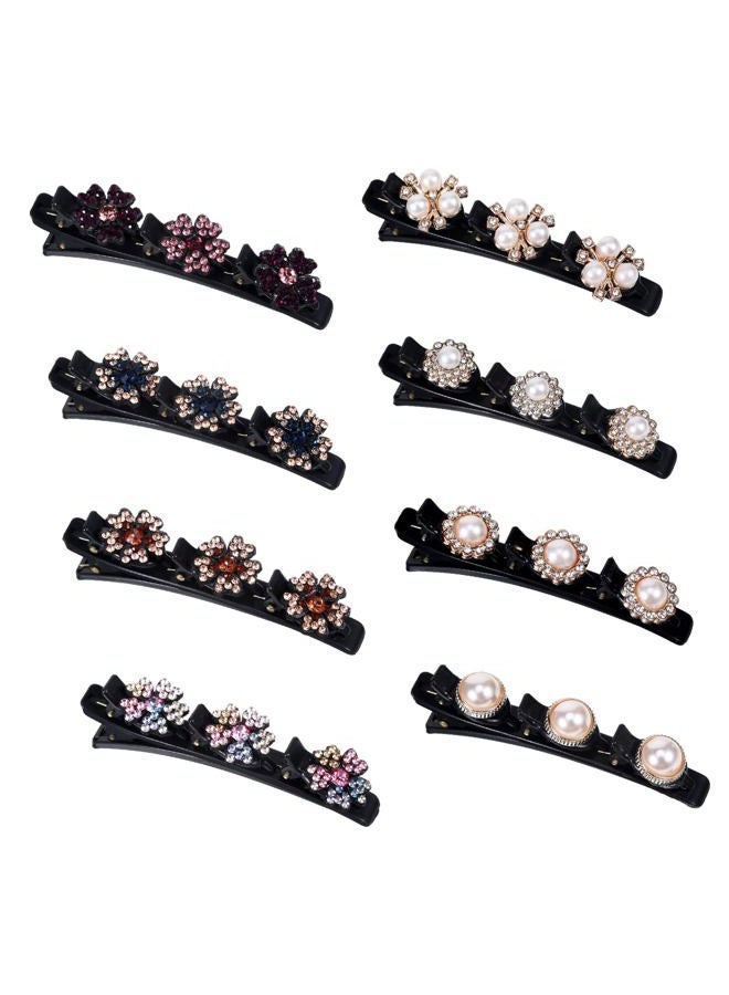 Sploziia Braided Hair Clips for Women, Sparkling Crystal Stone Pearl Barrette, 8PCS Rhinestone Decorative Barrette Clips with 3 Small Flower Hair Accessories for Women, Girls Styling Sectioning - Image 1