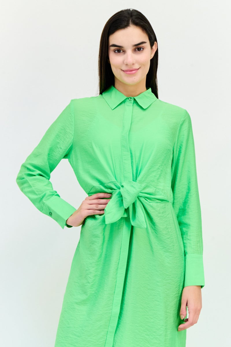 bebe Women Plain Tie Waist Midi Dress, Lime Green - Image 3