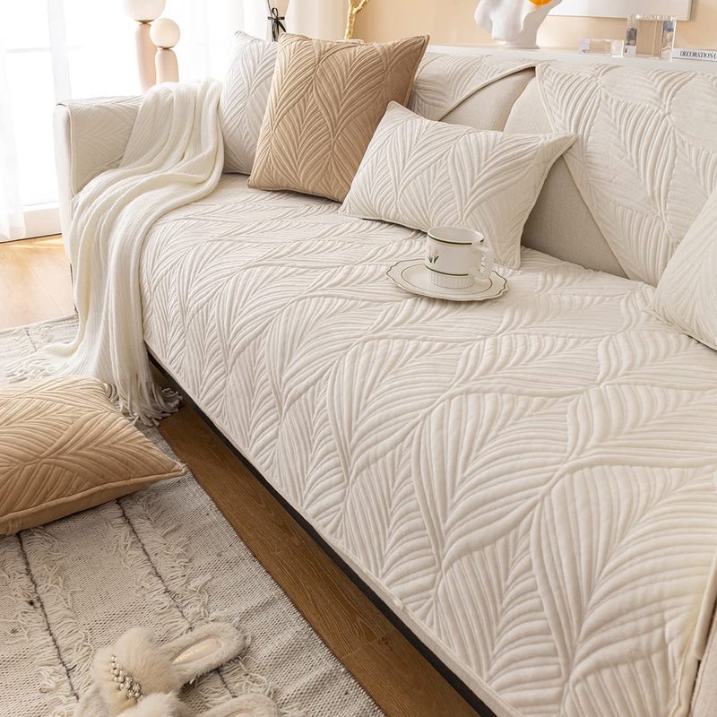 vctops Super Soft Velvet Quilted Sofa Couch Covers NonSlip Sectional Couch Cover Leaf Pattern Plush Sofa Slipcover Furniture Protector for Pets Kids Children Dog Cat Cream 28x28