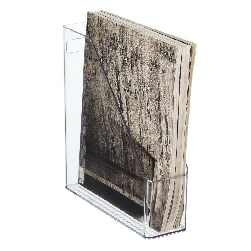 mDesign Plastic Slim Vertical File Folder Storage Organizer Bin with Handle Hold Notebooks Binders Envelopes Magazines for Home Office Work Desktops Ligne Collection Clear