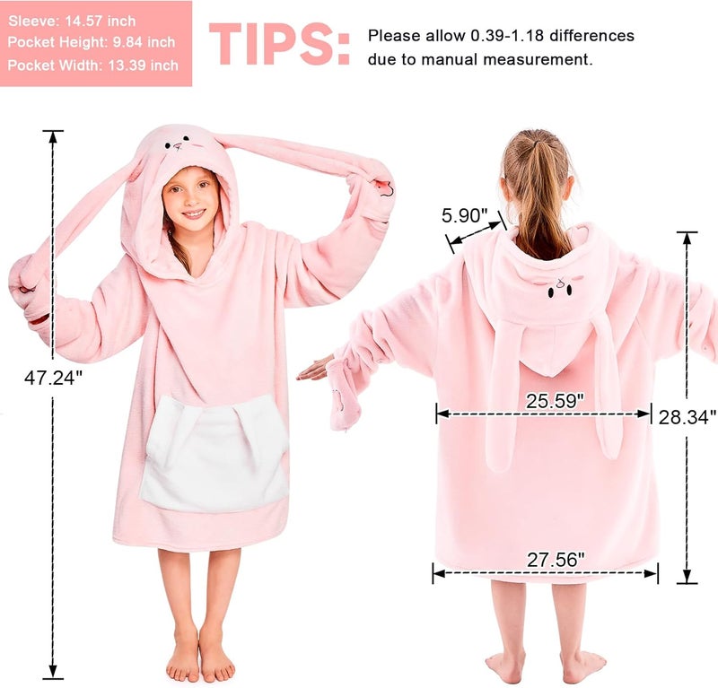IFNOW Wearable Blanket Hoodie Kids, Oversized Fleece Blanket Sweatshirt Christmas Birthday Gifts for Boys, Girls, Teen Hoodie with Portable Foldable Blanket Pillow, Animal Embroidery 5-15 Years Rabbit - Image 3