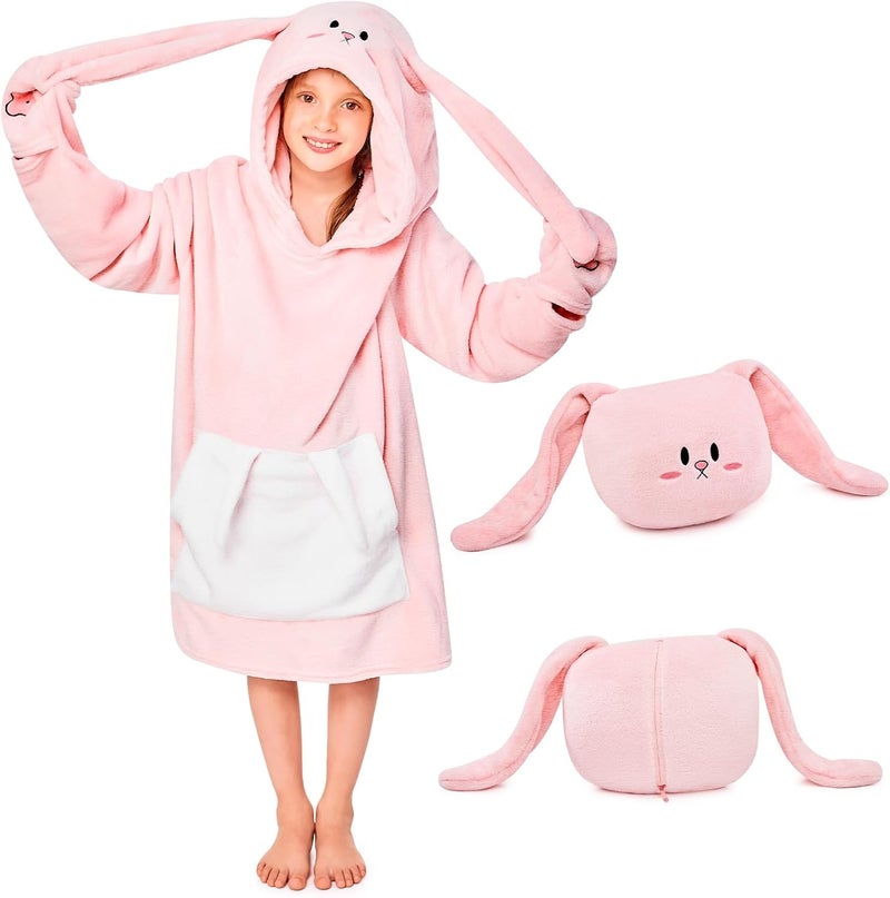 IFNOW Wearable Blanket Hoodie Kids, Oversized Fleece Blanket Sweatshirt Christmas Birthday Gifts for Boys, Girls, Teen Hoodie with Portable Foldable Blanket Pillow, Animal Embroidery 5-15 Years Rabbit - Image 1