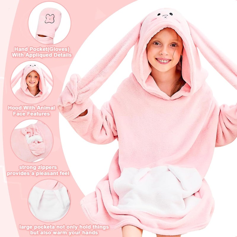 IFNOW Wearable Blanket Hoodie Kids, Oversized Fleece Blanket Sweatshirt Christmas Birthday Gifts for Boys, Girls, Teen Hoodie with Portable Foldable Blanket Pillow, Animal Embroidery 5-15 Years Rabbit - Image 4