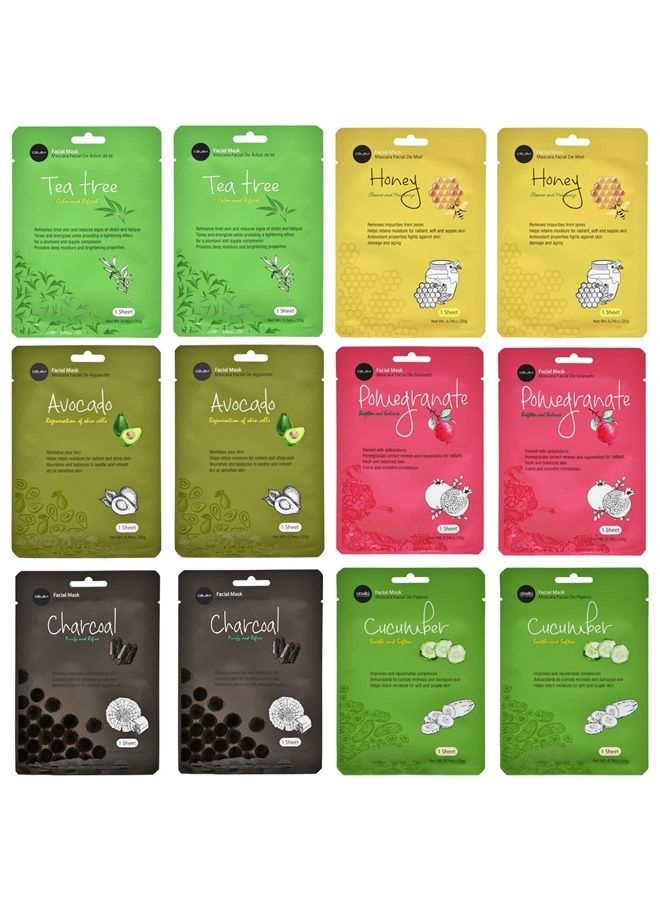 Celavi Cosmetics celavi Essence Facial Face Mask Paper Sheet Korea Skin Care Moisturizing 12 Pack (Mix - 2 of Each) - Image 1