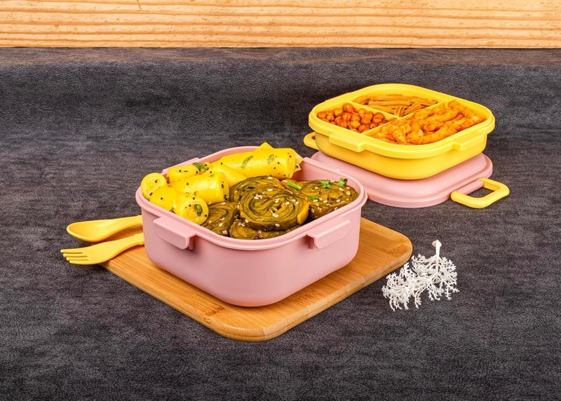 Relanta Quick Bite Dino Delight Lunch Box with 3 Compartment Fork & Spoon BPA Free Food Grade Ideal for Kids School, Picnic & Outdoor- 800ml Blue, Plastic (Peach) - Image 3