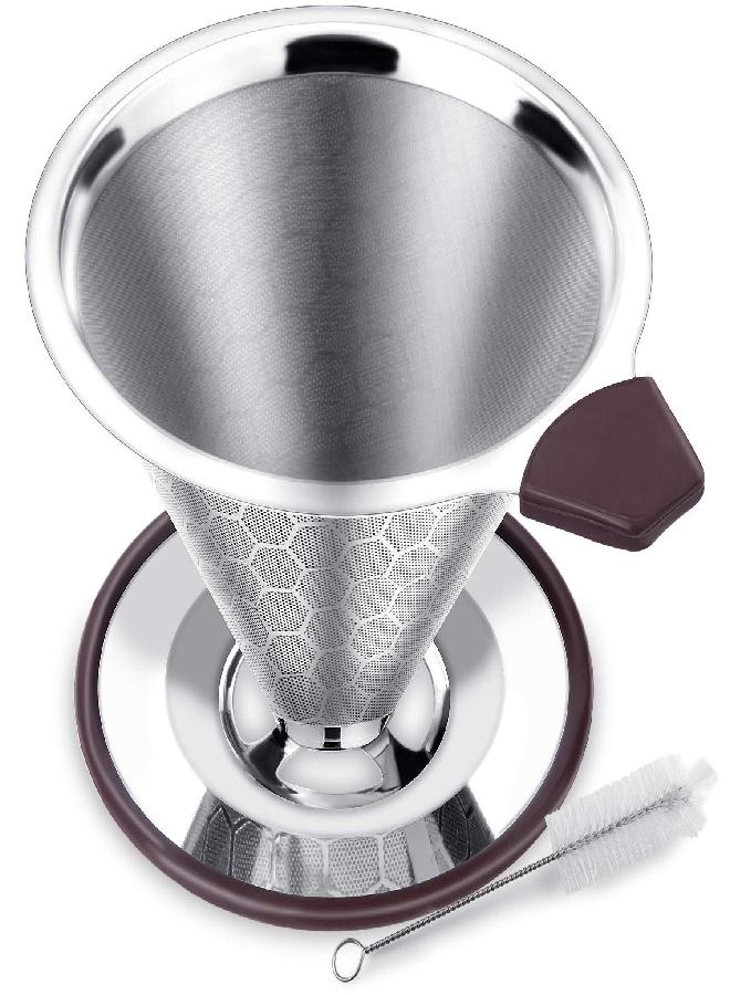 FOXAS Pour Over Coffee Filter Dripper, Reusable Stainless Steel Metal Drip Coffee Maker Cone, Paperless Permanent Coffee Strainer, Coffee Mesh Filters for 1-4 Cup with Cleaning Brush - Image 1