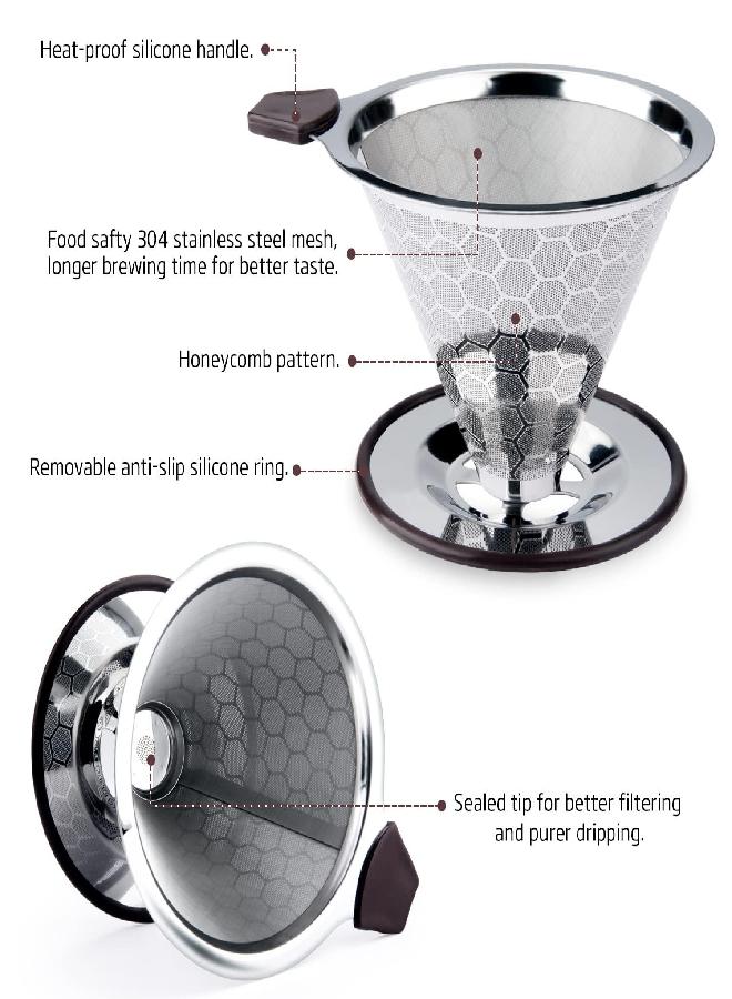 FOXAS Pour Over Coffee Filter Dripper, Reusable Stainless Steel Metal Drip Coffee Maker Cone, Paperless Permanent Coffee Strainer, Coffee Mesh Filters for 1-4 Cup with Cleaning Brush - Image 2