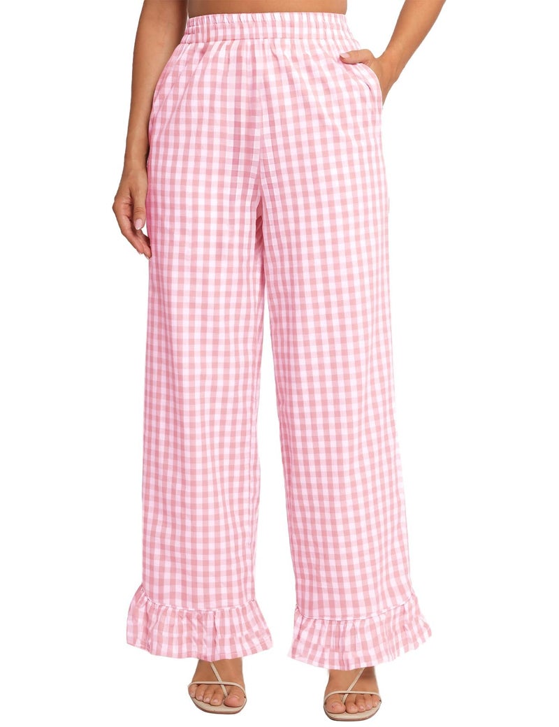 Flygo Women's Gingham Pants Y2K Cotton Wide Leg Ruffle Hem Lounge Pants Plaid Elastic Wasited Trouser with Pockets(Pink-M) - Image 1