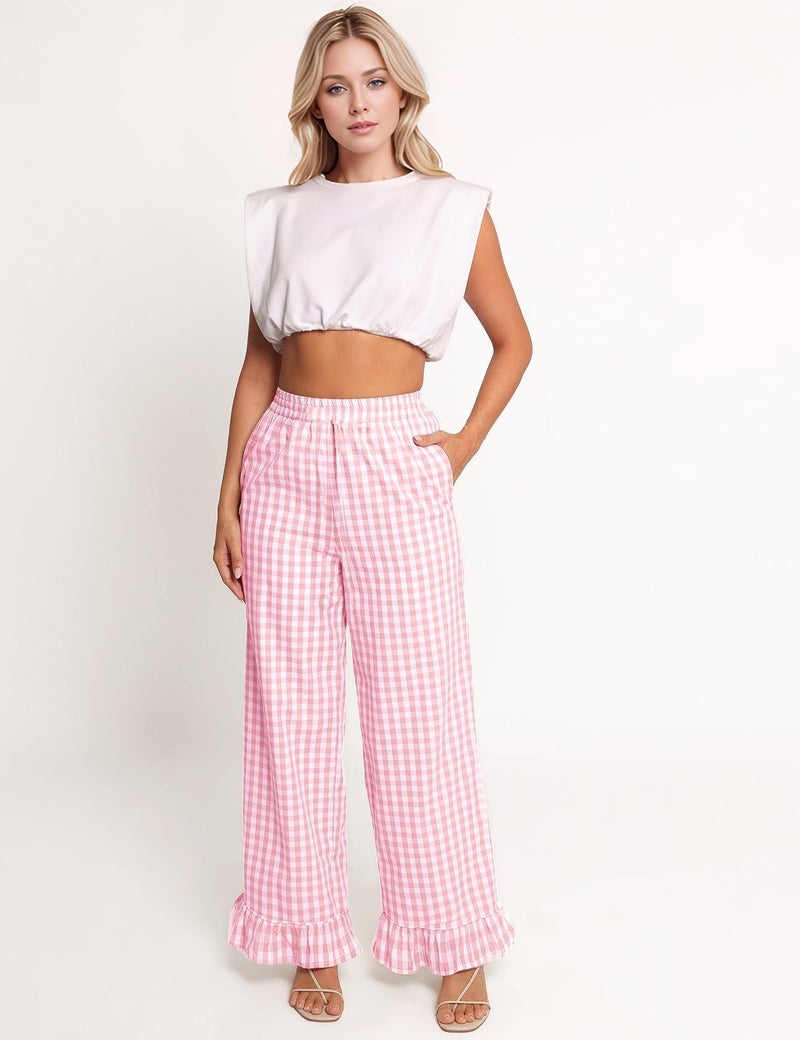 Flygo Women's Gingham Pants Y2K Cotton Wide Leg Ruffle Hem Lounge Pants Plaid Elastic Wasited Trouser with Pockets(Pink-M) - Image 2