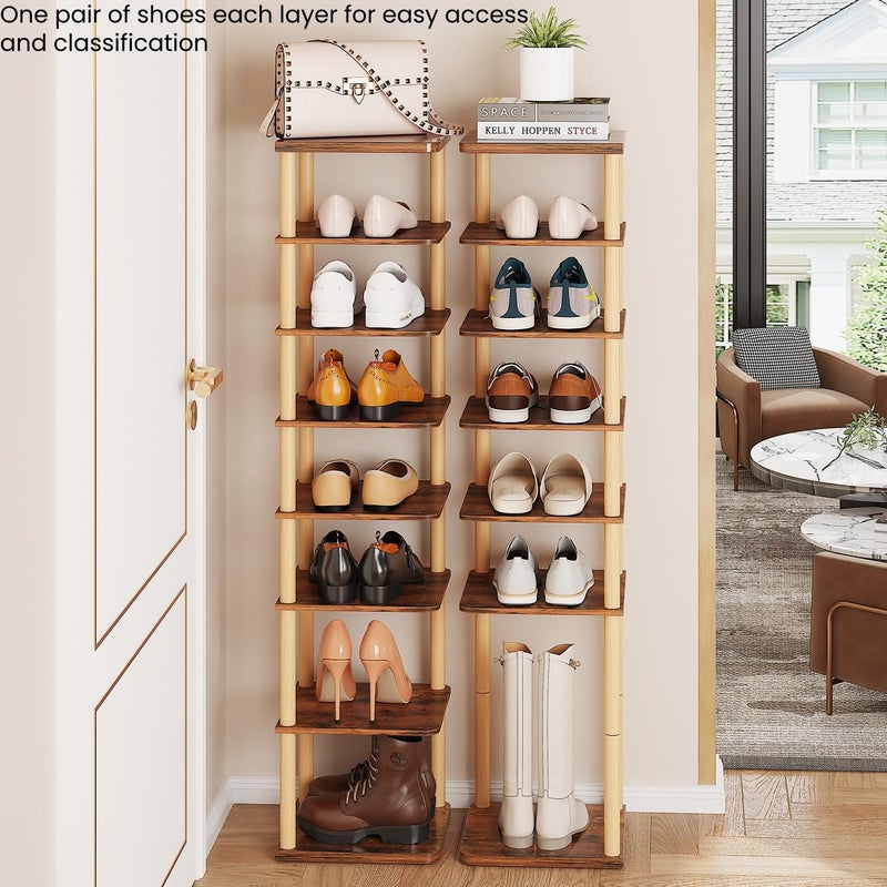 LUCKNOCK Vertical Shoe Rack, 8-Tier Tall Narrow Shoe Organizer for Entryway, Closet, Dorm & Small Spaces, Freestanding Wooden Shoe Shelf Tower for Boots, Sneakers, Heels. (Rustic Brown) - Image 4