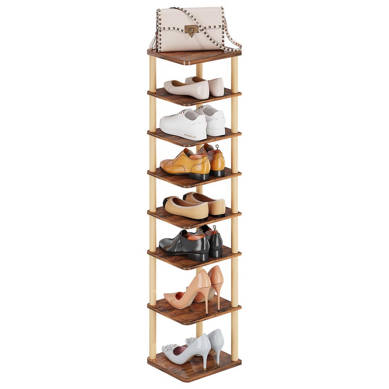 LUCKNOCK Vertical Shoe Rack, 8-Tier Tall Narrow Shoe Organizer for Entryway, Closet, Dorm & Small Spaces, Freestanding Wooden Shoe Shelf Tower for Boots, Sneakers, Heels. (Rustic Brown) - Image 2