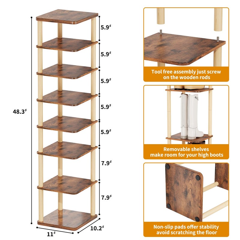 LUCKNOCK Vertical Shoe Rack, 8-Tier Tall Narrow Shoe Organizer for Entryway, Closet, Dorm & Small Spaces, Freestanding Wooden Shoe Shelf Tower for Boots, Sneakers, Heels. (Rustic Brown) - Image 3
