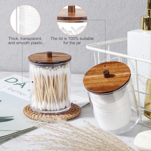 Temoyj 4 Pack Qtip Holder Dispenser with Wood Lids - 10 oz Clear Plastic Apothecary Jar Containers for Vanity Makeup Organizer Storage - Bathroom Accessories Set for Cotton Swab,Pads, Ball, Floss - Image 5