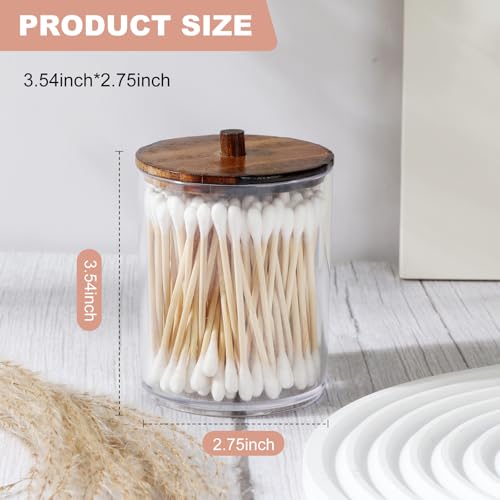 Temoyj 4 Pack Qtip Holder Dispenser with Wood Lids - 10 oz Clear Plastic Apothecary Jar Containers for Vanity Makeup Organizer Storage - Bathroom Accessories Set for Cotton Swab,Pads, Ball, Floss - Image 2