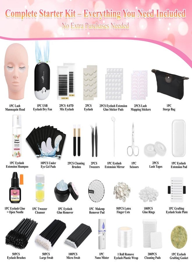 Tetutor Lash Kits Extensions Kit for Beginners, Eyelash Lash Extension Kit for Beginners with Lash Mannequin Head, Lash Extension Practice Kit Starter Kit with Everything USB Fan, Lash Glue, Shampoo - Image 2