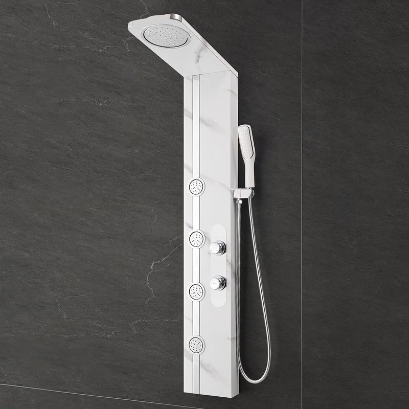 plantex Plantex SS304 Marble Textured Shower Panel for Bathroom with ShowerheadHand Shower with Hose Pipe ClampBody Massage JetsBathroom Shower System KM8099 - Image 1