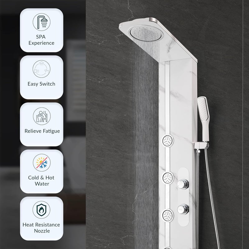 plantex Plantex SS304 Marble Textured Shower Panel for Bathroom with ShowerheadHand Shower with Hose Pipe ClampBody Massage JetsBathroom Shower System KM8099 - Image 4