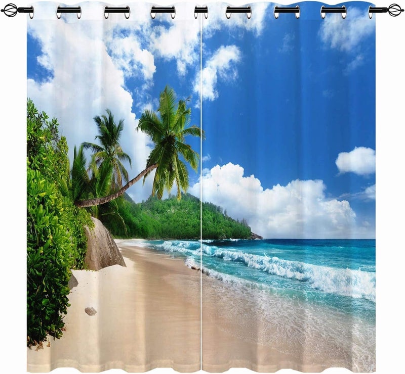 ستائر شاطئ مقاس 27.5 × 39 بوصة بحلقات، استوائي، ساحلي، جزيرة، أشجار نخيل، صيف، أمواج محيط، نمط مطبوع، قماش مقاوم للماء، ستائر نافذة لغرفة النوم والمطبخ والحمام والنافذة الصغيرة والخزانة الصغيرة، لوحتان. - Image 1