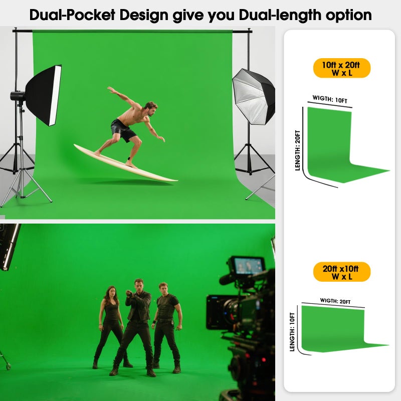 CPLIRIS 10x20ft Green Screen Backdrop for Photography, Dual-Size Dual-Pocket Design Chromakey Background for Photoshoot, Game Steaming, Zoom Meeting with Both Options of 10 ft and 20 ft in Width - Image 3