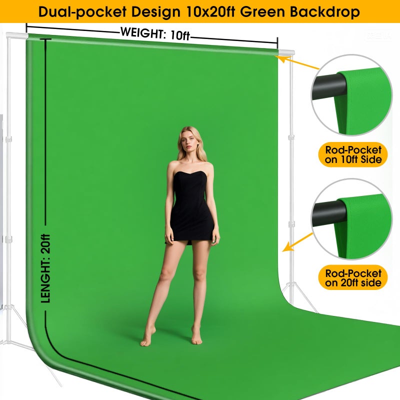 CPLIRIS 10x20ft Green Screen Backdrop for Photography, Dual-Size Dual-Pocket Design Chromakey Background for Photoshoot, Game Steaming, Zoom Meeting with Both Options of 10 ft and 20 ft in Width - Image 2