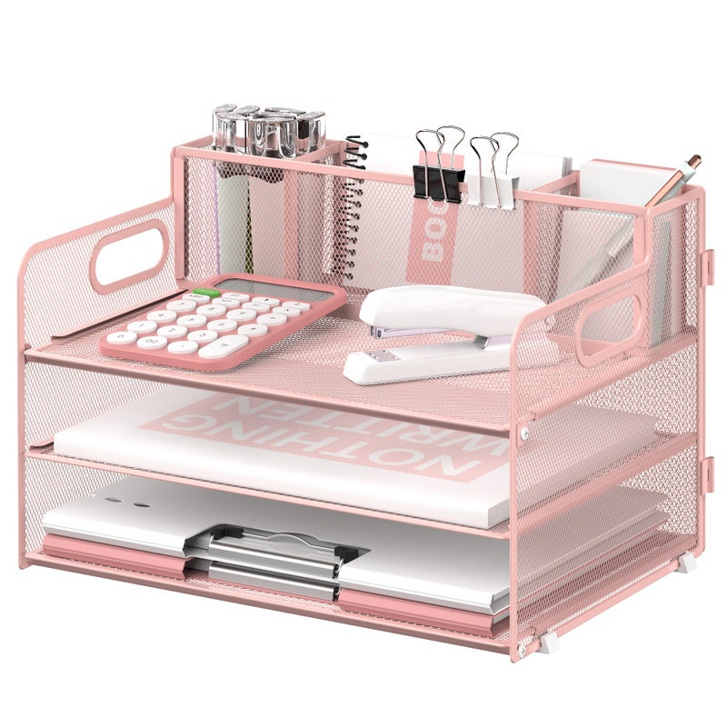 SUPEASY 3 Tier Desk Organizer with Handle 3 Pen Holders Mesh PaperFile Organizer for Desk Paper Letter Tray Organizer for Office Supplies Cute Pink