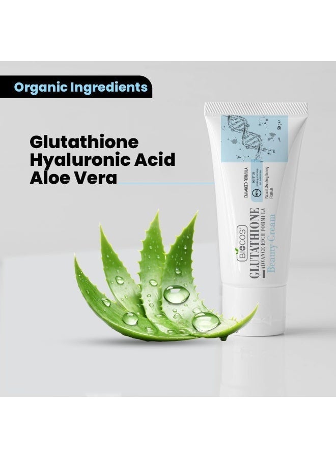 BIOCOS Glutathione Beauty Cream (Pack of 2) with Aloe Vera, Hyaluronic Acid & Shea Butter – Brightening Face Cream for Dark Spots, Hyperpigmentation & Radiant Glow – Moisturizer for Dry Skin - 40g - Image 4