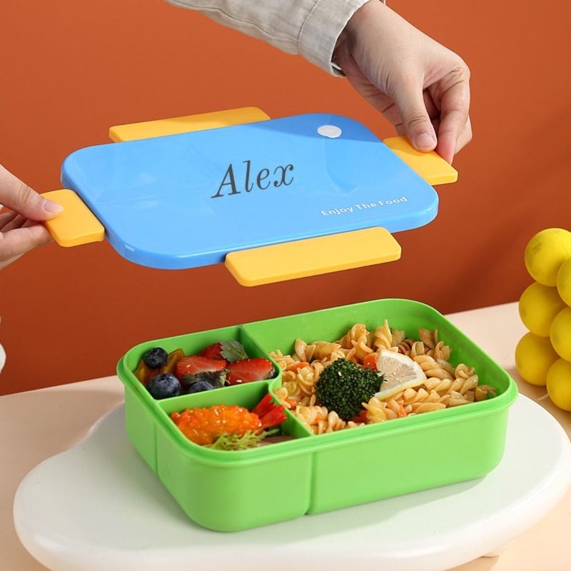 صندوق غداء مخصص بنص مخصص، برتقالي وأزرق، تصميم حاوية مزدوجة مع فاصل يفصل الطعام، صندوق وجبة خفيفة محمول للفواكه، مناسب للعودة إلى المدرسة، الحرم الجامعي، المكتب، الكافيتريا، النزهات والتخييم. - Image 3