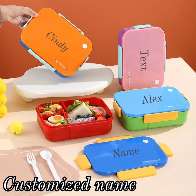 صندوق غداء مخصص بنص مخصص، برتقالي وأزرق، تصميم حاوية مزدوجة مع فاصل يفصل الطعام، صندوق وجبة خفيفة محمول للفواكه، مناسب للعودة إلى المدرسة، الحرم الجامعي، المكتب، الكافيتريا، النزهات والتخييم. - Image 1