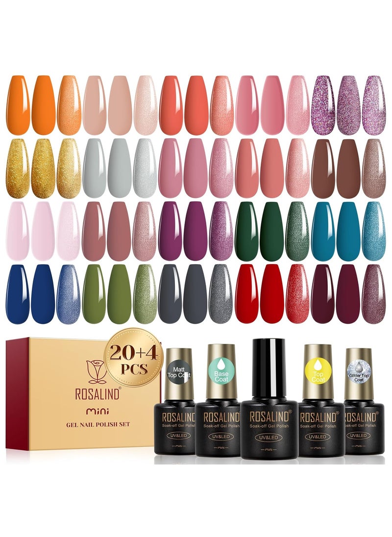 Rosalind ROSALIND 24pcs Gel Polish Set with 4 Bottles of Base and Glossy Matte Glitter Top Coat Pink Brown Gel Nail Set DIY at Home Set for Women 