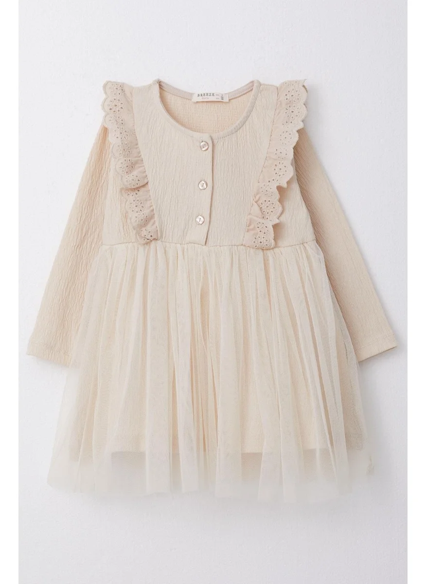 بريز Girl Long Sleeve Dress with Lace Buttons 1.5-5 Years, Beige