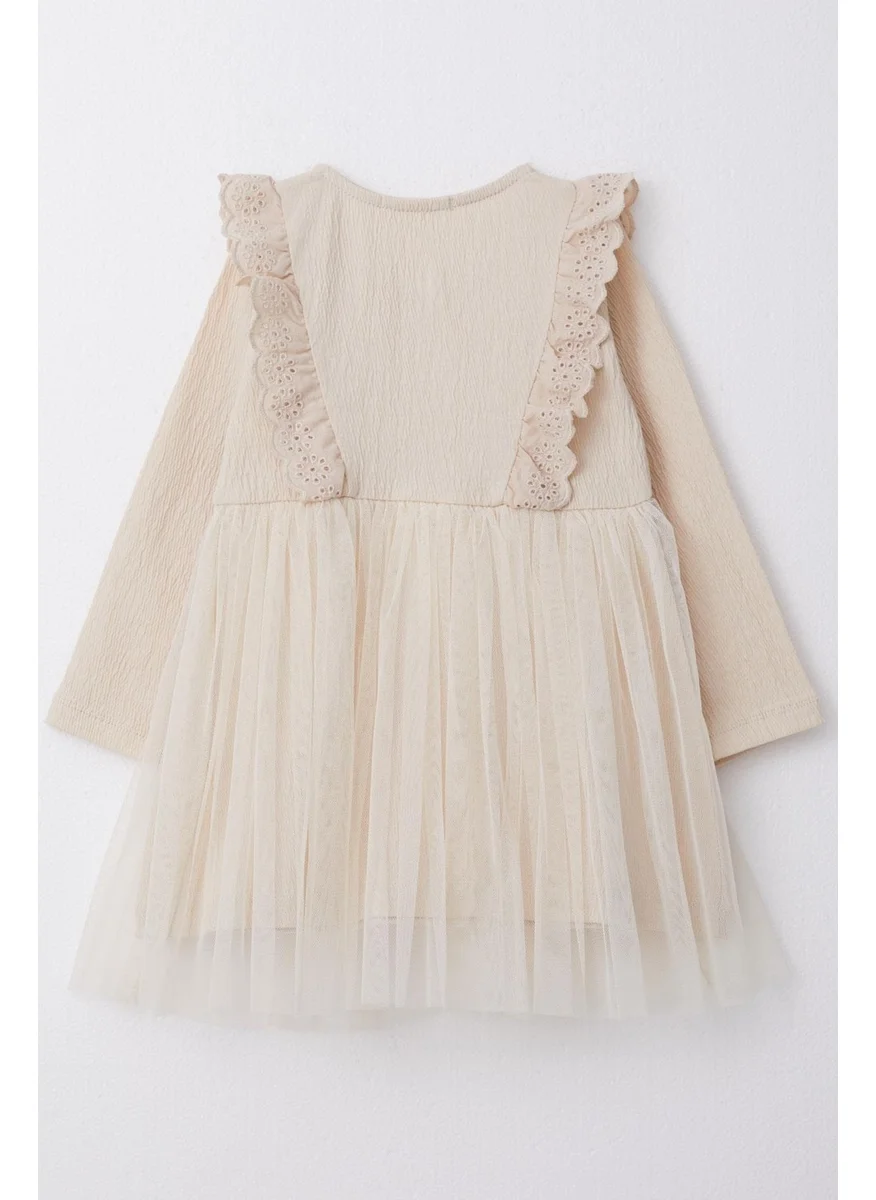 بريز Girl Long Sleeve Dress with Lace Buttons 1.5-5 Years, Beige