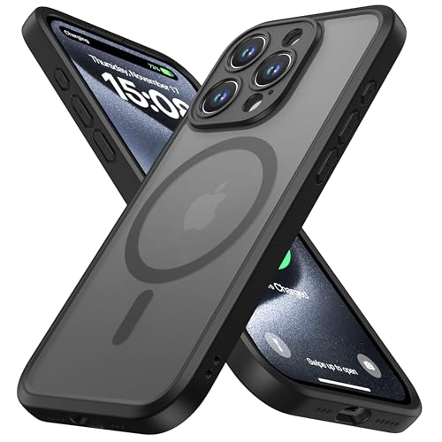 ImpactStrong Magnetic Guard Designed for iPhone 15 Pro Case [Camera Protection] [Military Grade Drop Tested] [Compatible with MagSafe] Slim Translucent Matte Phone Case (6.1") - Black - Image 1