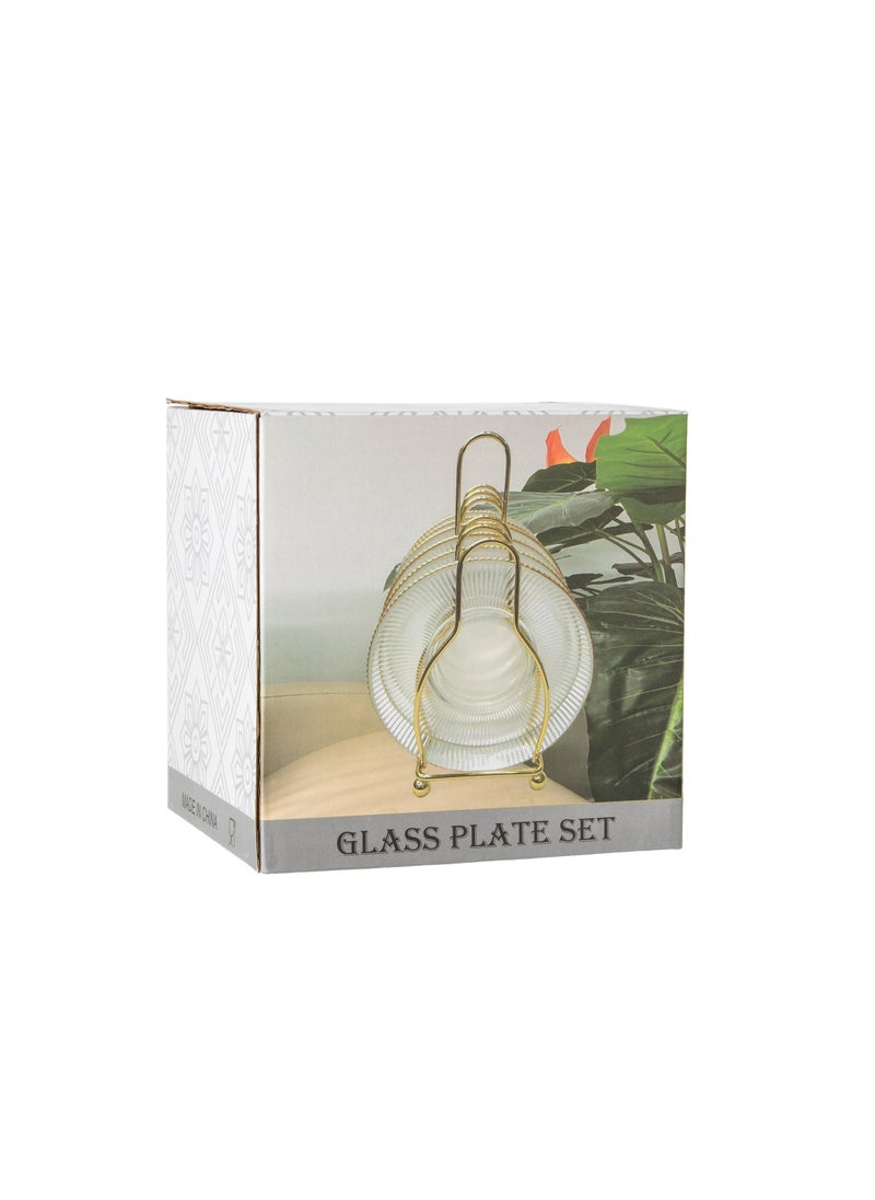 A Set Of 6 Glass Dessert Plates With A Metal Stand, The Plate MulticolourRound Size Is 15Cm