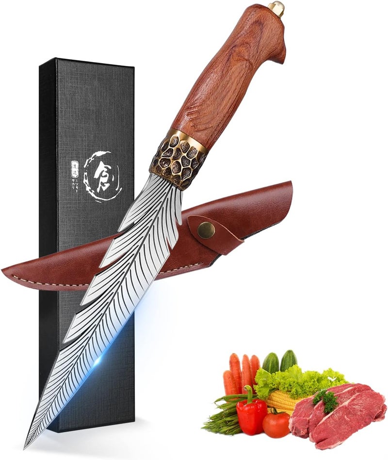 ROCOCO Feather Viking Knife Japanese Forged in Fire Boning Knife Fancy Kitchen Cleaver with Sheath Outdoor Camping BBQ Collection Birthday Thanksgiving Christmas Father Mother Gift 7" - Image 1