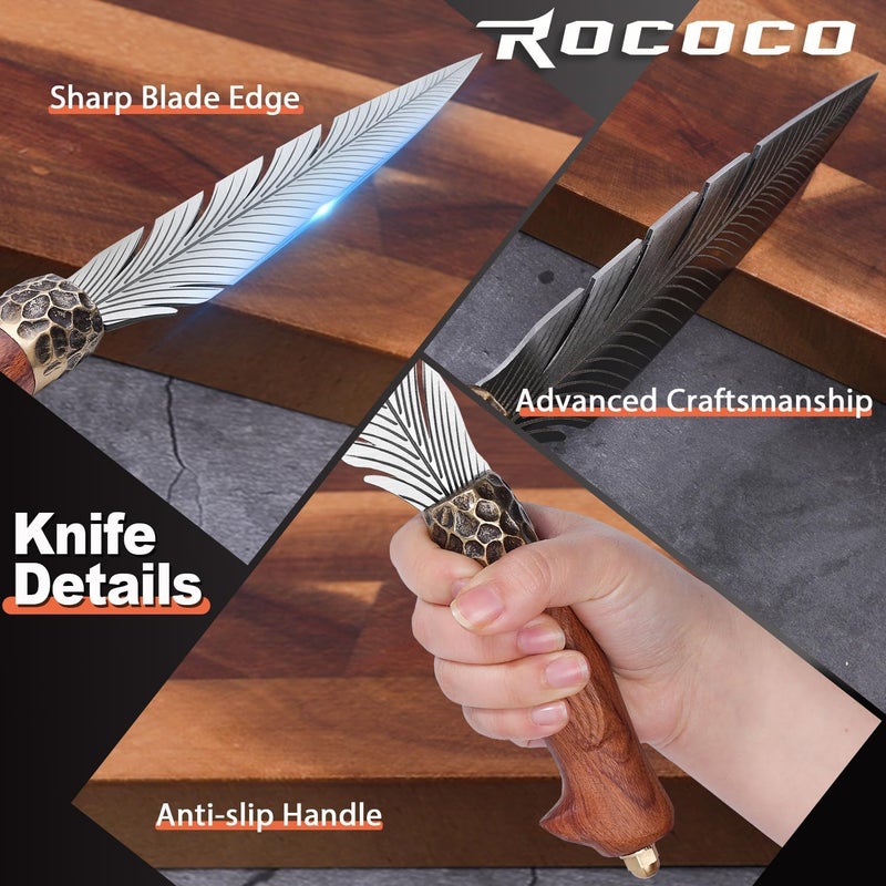 ROCOCO Feather Viking Knife Japanese Forged in Fire Boning Knife Fancy Kitchen Cleaver with Sheath Outdoor Camping BBQ Collection Birthday Thanksgiving Christmas Father Mother Gift 7" - Image 4