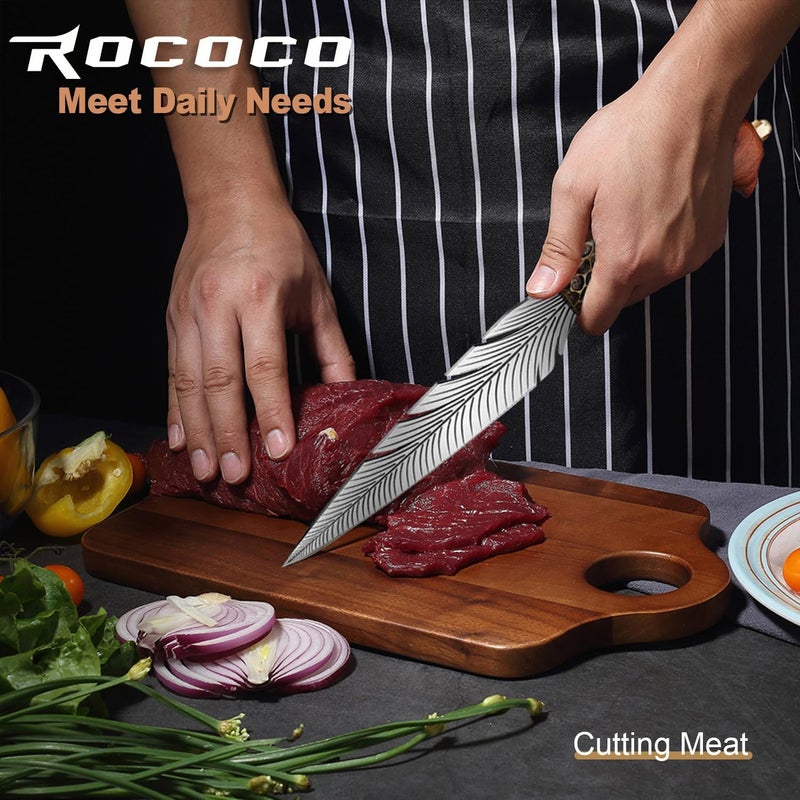 ROCOCO Feather Viking Knife Japanese Forged in Fire Boning Knife Fancy Kitchen Cleaver with Sheath Outdoor Camping BBQ Collection Birthday Thanksgiving Christmas Father Mother Gift 7" - Image 5