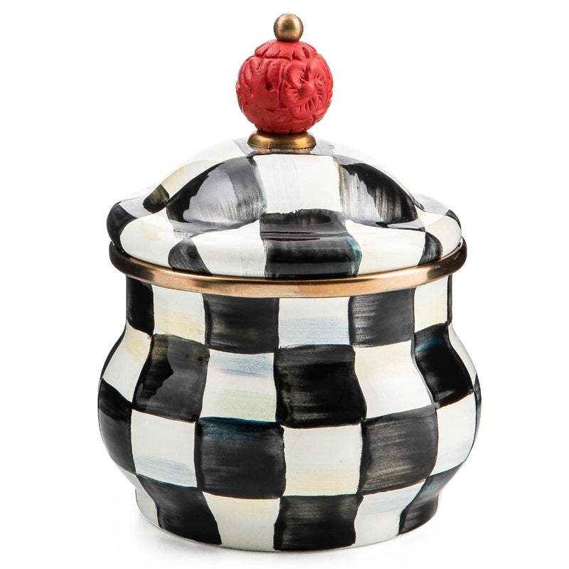 mackenzie childs MACKENZIECHILDS Enamel Lidded Sugar Bowl Small Serving Bowl with Lid 10Ounce Capacity BlackandWhite Courtly Check 