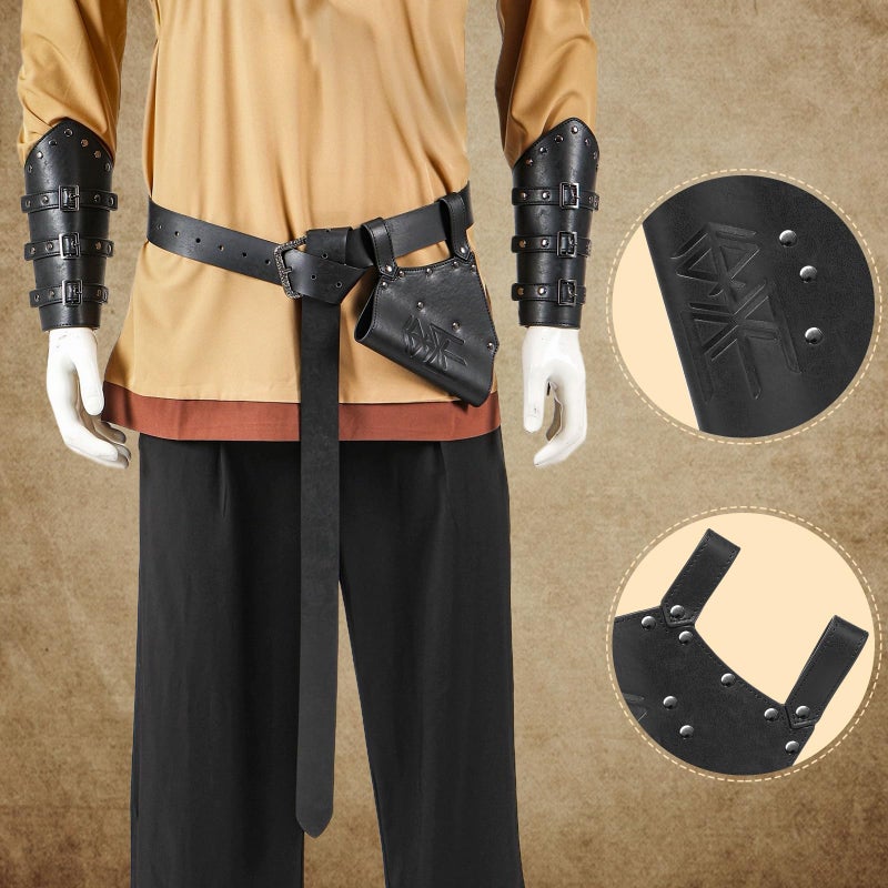 Berenlu Mens Renaissance Costume Set Medieval Belt Shoulder Armor Faux Leather Bracers Shawl Viking LARP Cosplay Accessories (Black A) - Image 4