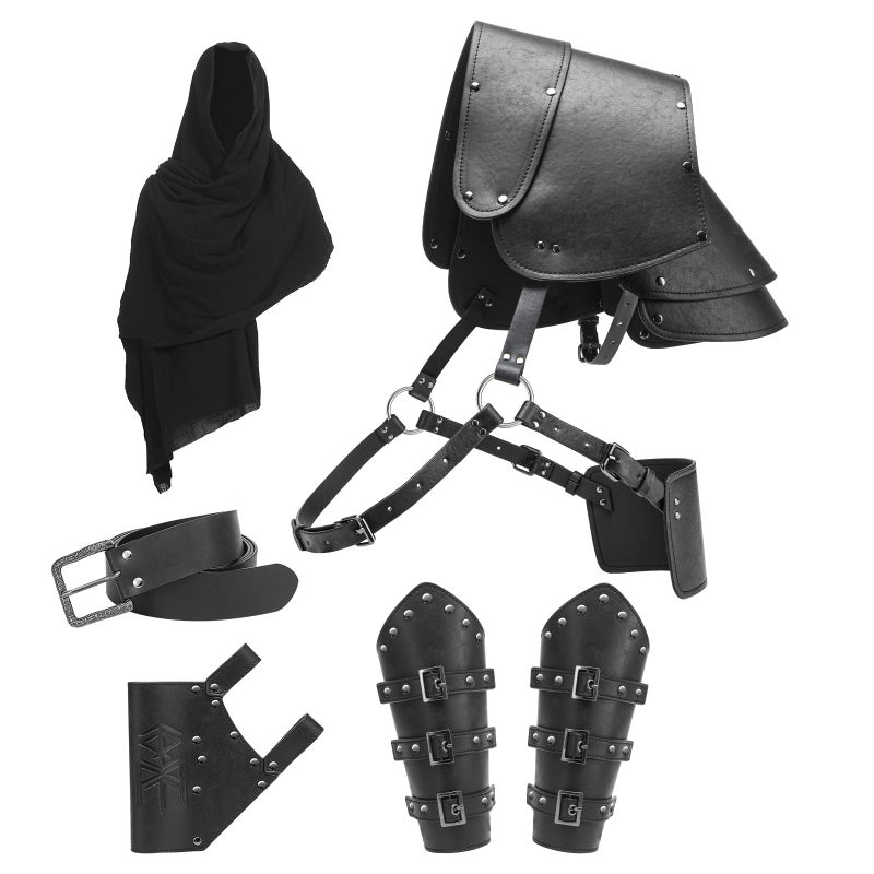 Berenlu Mens Renaissance Costume Set Medieval Belt Shoulder Armor Faux Leather Bracers Shawl Viking LARP Cosplay Accessories (Black A) - Image 1