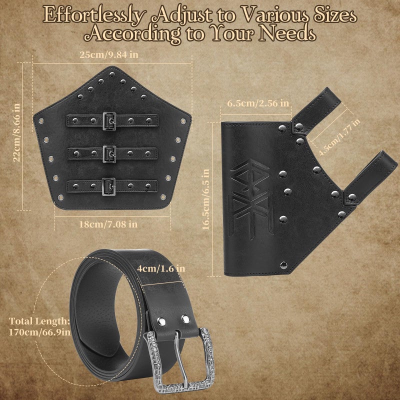 Berenlu Mens Renaissance Costume Set Medieval Belt Shoulder Armor Faux Leather Bracers Shawl Viking LARP Cosplay Accessories (Black A) - Image 3