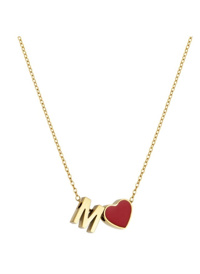 Luxuria A gold-colored necklace featuring an "M" shaped pendant with a small red heart-shaped charm. - Image 1